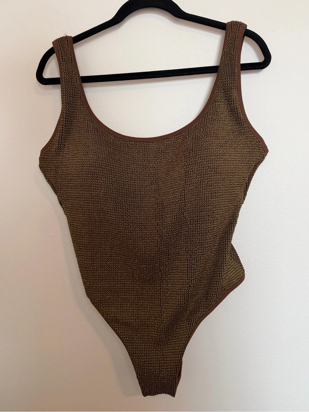 J.Crew Claudia Metallic Scrunchie One-Piece Swimsuit in dark twig brown 14
